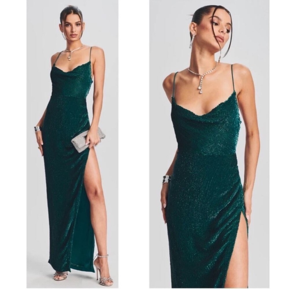 NWT Retrofete Katya Sequin Cowl Neck Green Maxi Dress